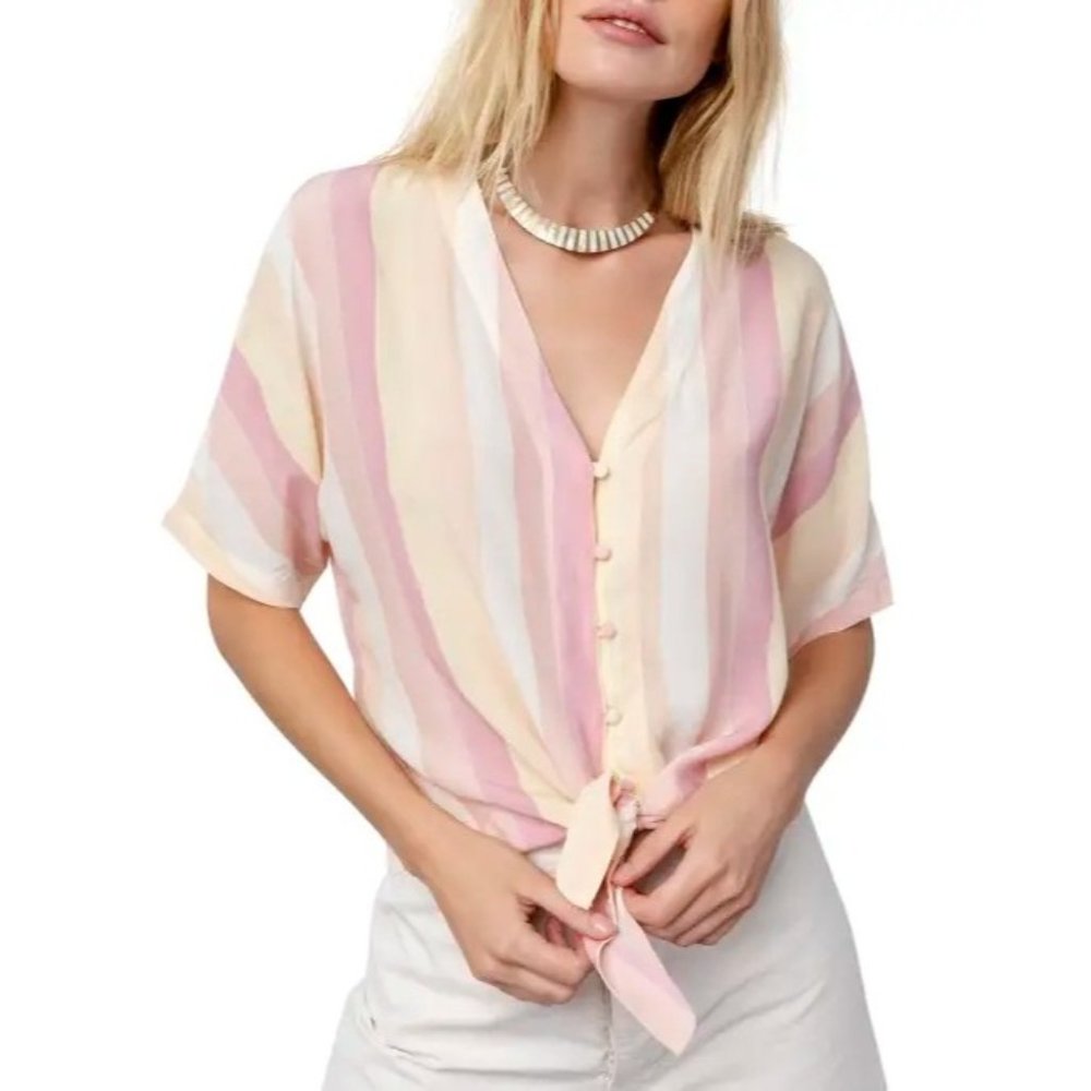 RAILS Thea Stripe Tie-Front Blouse Top Sz XS Sunrise Stripe NWOT